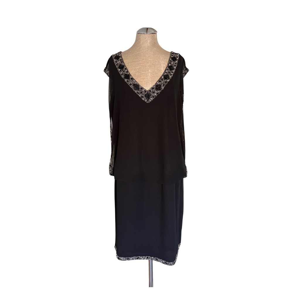 J Kara Black Bead-Trim Chiffon Popover Cocktail Dress 14W Art Deco Inspired